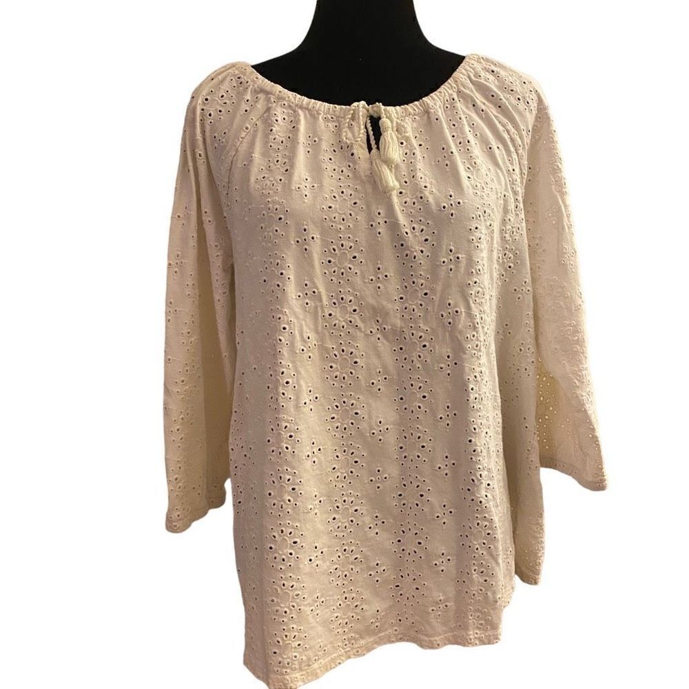 J.‎ Jill White Eyelet Boho Prairie Top with 3/4 Sleeves Size Large